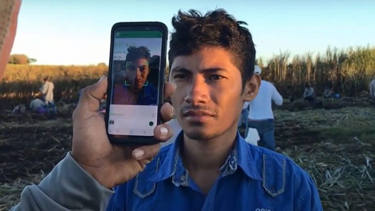 Un joven empleado ficha en el trabajo con el reconocimiento facial en el sector agrario.